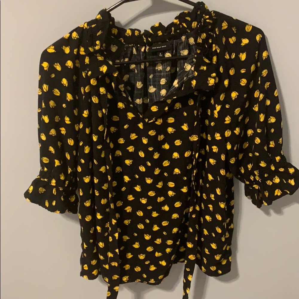 Black tie neck blouse with yellow accents